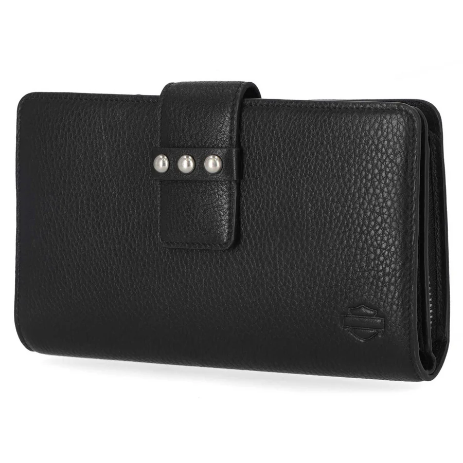 Women's Pebble Leather Bar & Shield Continental Wallet - Black