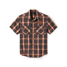 Men's Bar & Shield Staple Short Sleeve Shirt - Plaid - Asphalt & Harley Orange