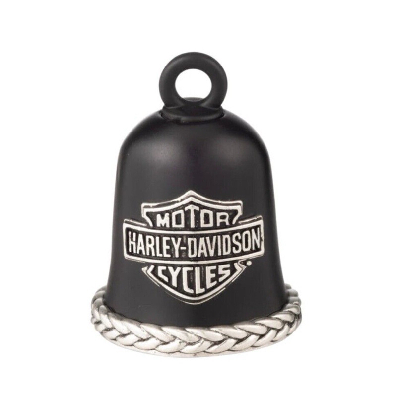 BLACK AND SILVER BAR AND SHIELD LOGO BRAIDED EDGE RIDE BELL.