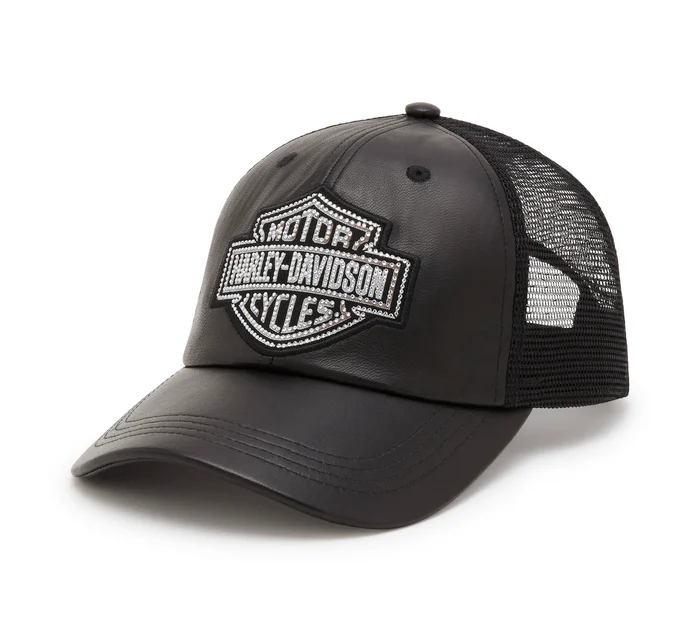 [97707-25VW] Bling Bar & Shield Leather Trucker Cap