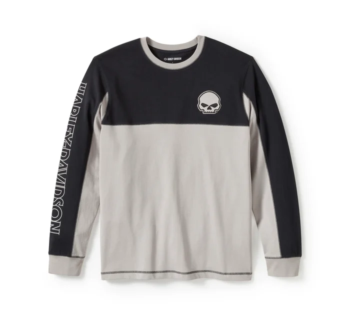 Men's Willie G Skull Colorblock Long Sleeve Tee - Colorblock - Harley Black & Ghost Grey