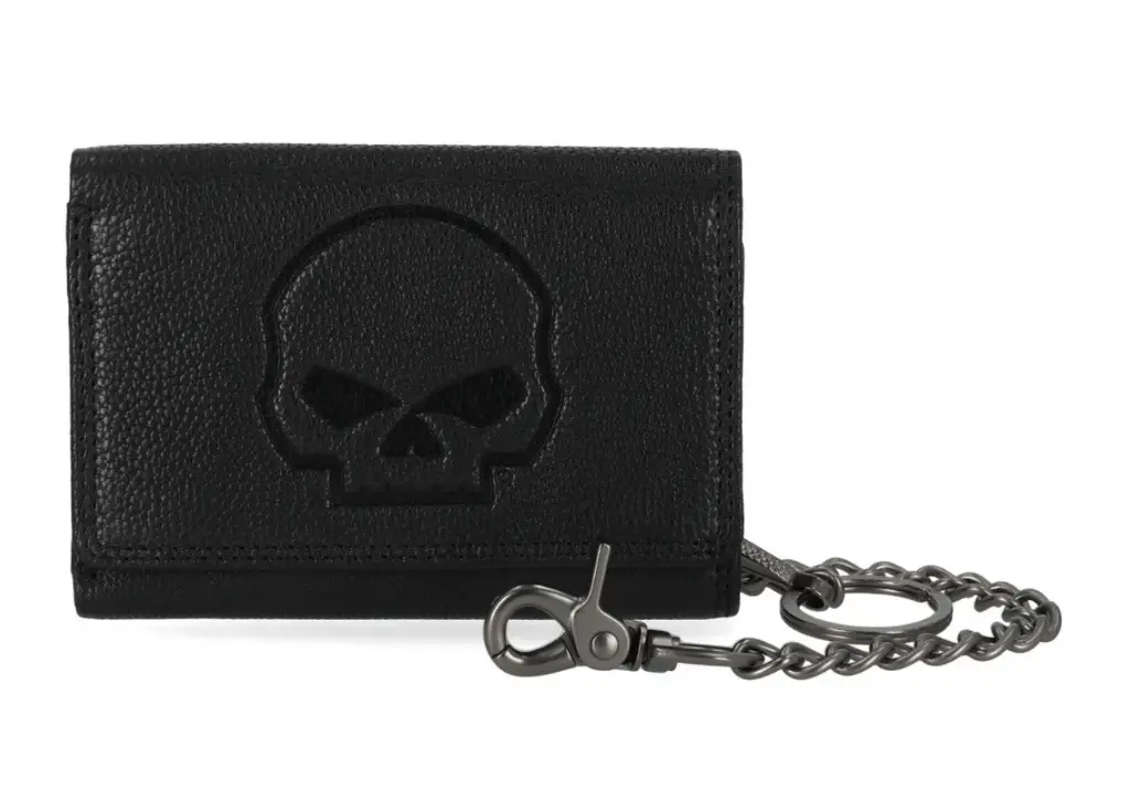 [LMW-224489] SKULL EMBOSS MED TRIFOLD CHAIN WALLET BLACK