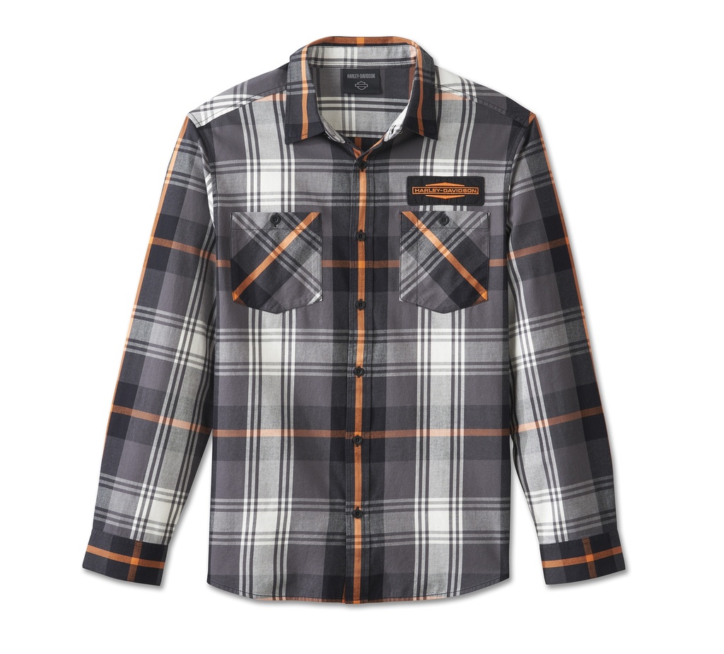 Men's Stacked Bar & Shield Long Sleeve Plaid Shirt - Plaid - Harley Black & Blackened Pearl
