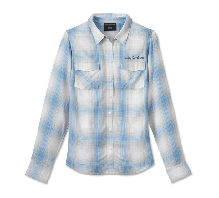 Women's Stacked Bar & Shield Long Sleeve Viscose Shirt - Plaid - All Aboard & Vapor Blue